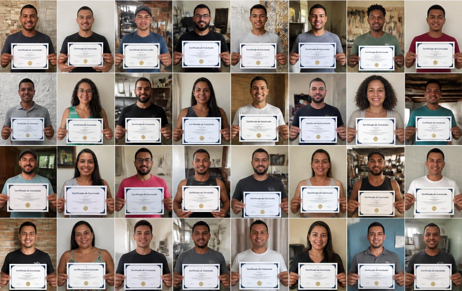 Mosaico com mais de 2.000 alunos formados segurando o certificado do Manual Pro do Vidraceiro